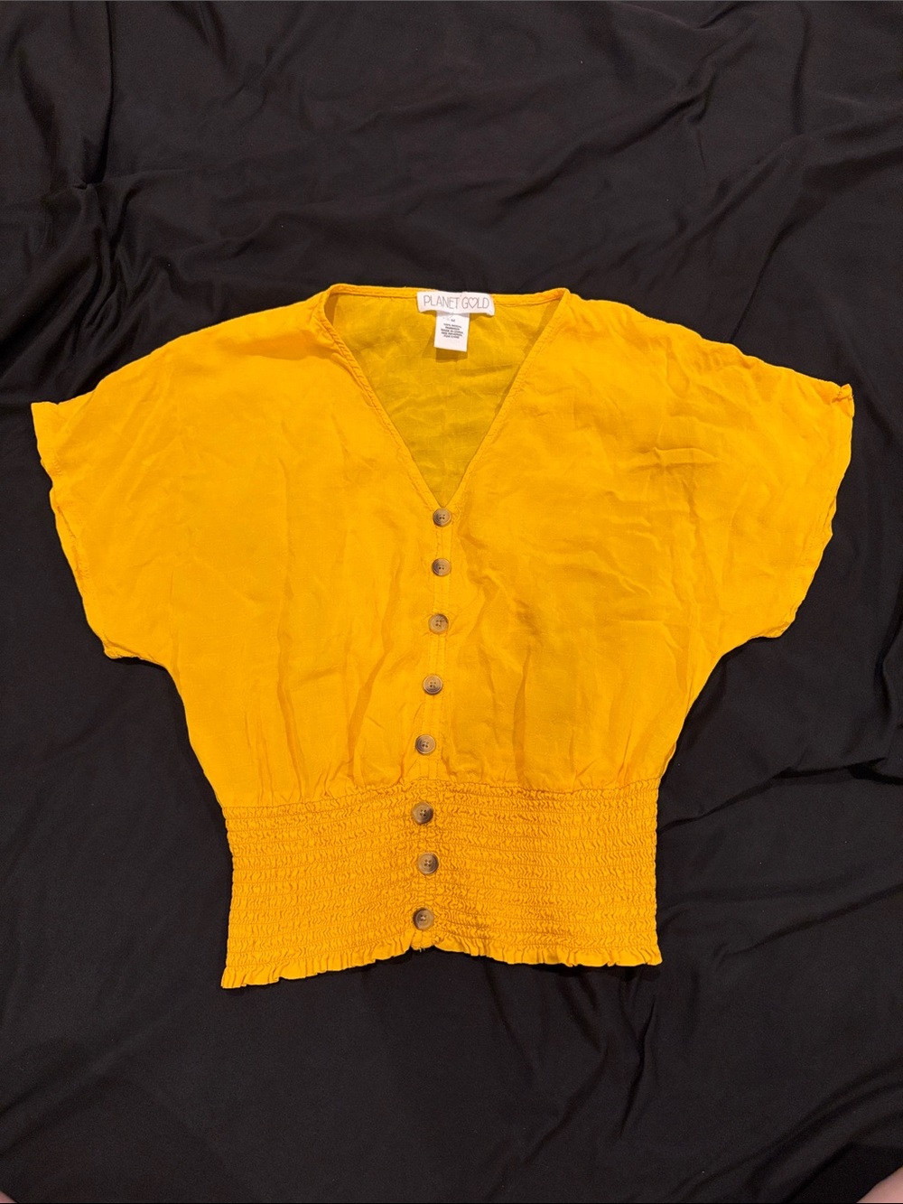 Planet Gold Yellow Button-Front V-Neck Smocked Waist Top